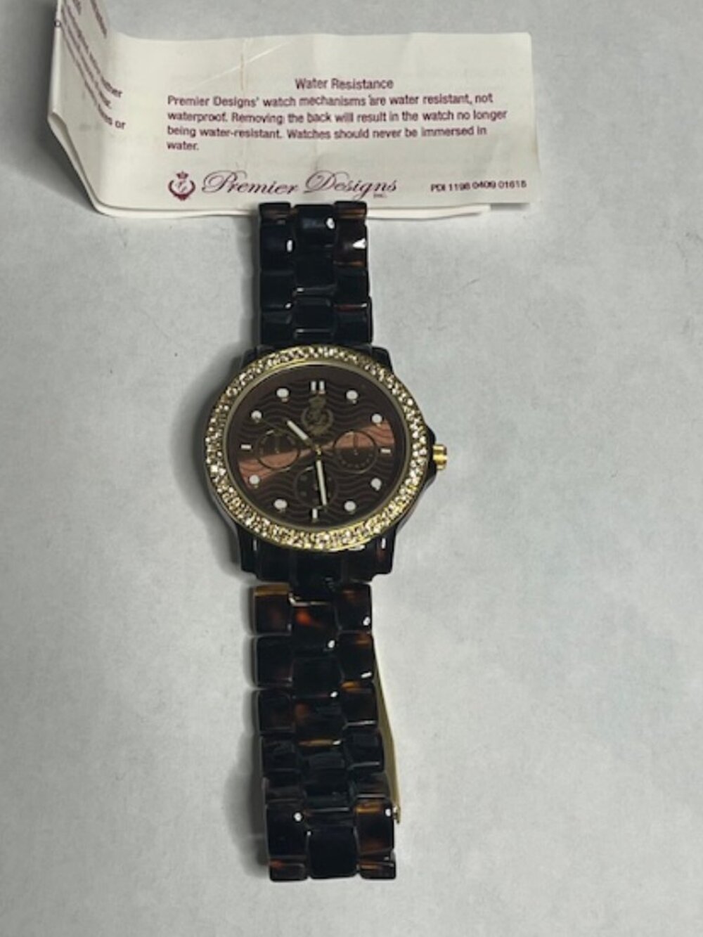 Premier Designs Analog Wristwatch Brown Tortoiseshell Band 1.5" Crystal Bezel